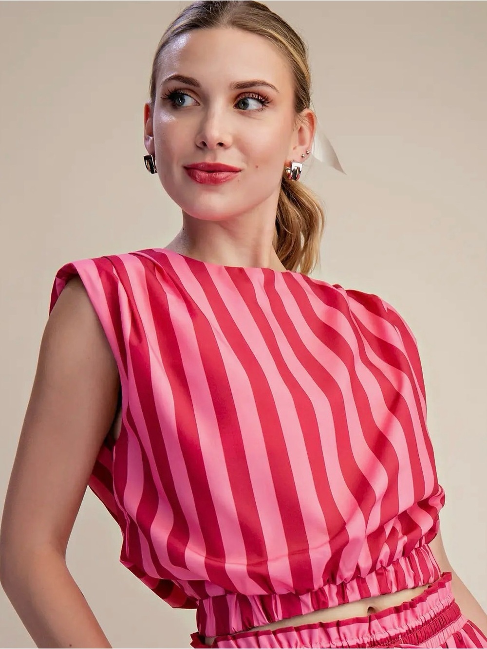 glam Pink‎ Striped Satin Blouse